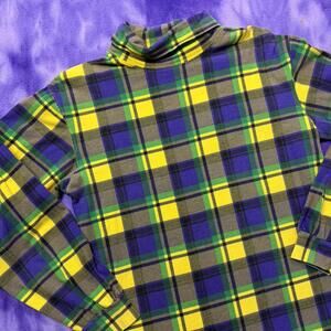 Vtg 80s 90s Yellow purple + green plaid turtleneck long sleeve shirt